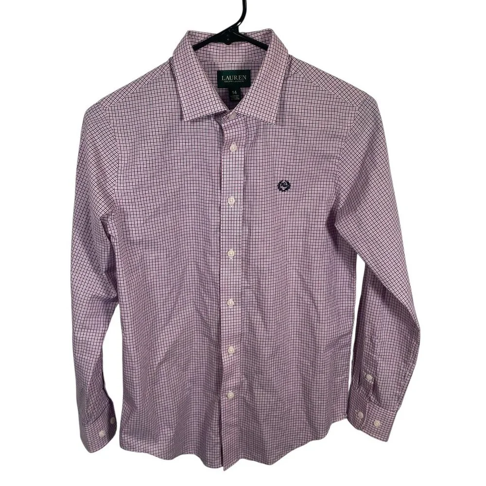 Lauren Ralph Lauren Button Down Shirt Boys Size 14 Pink Blue Collar L/S Dress